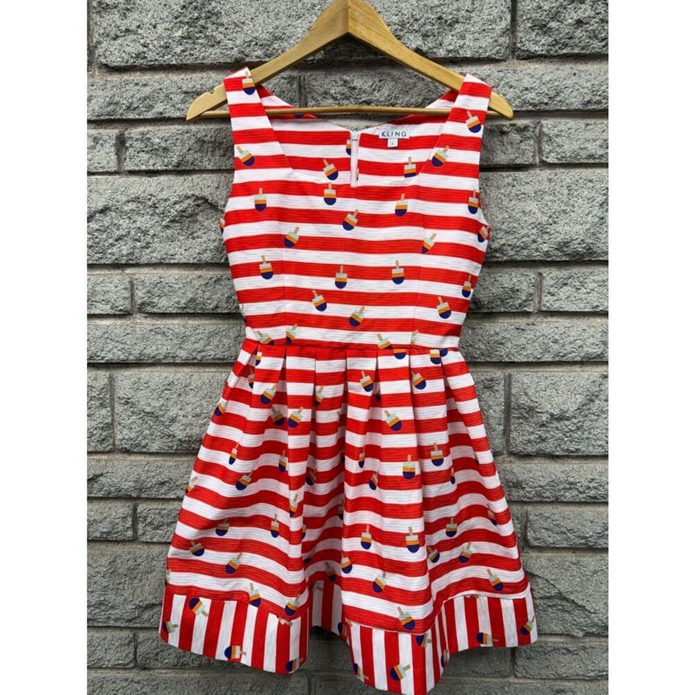 Kling Red & White Striped Girls' Sleeveless Dress with Multicolor Popsicle Motif